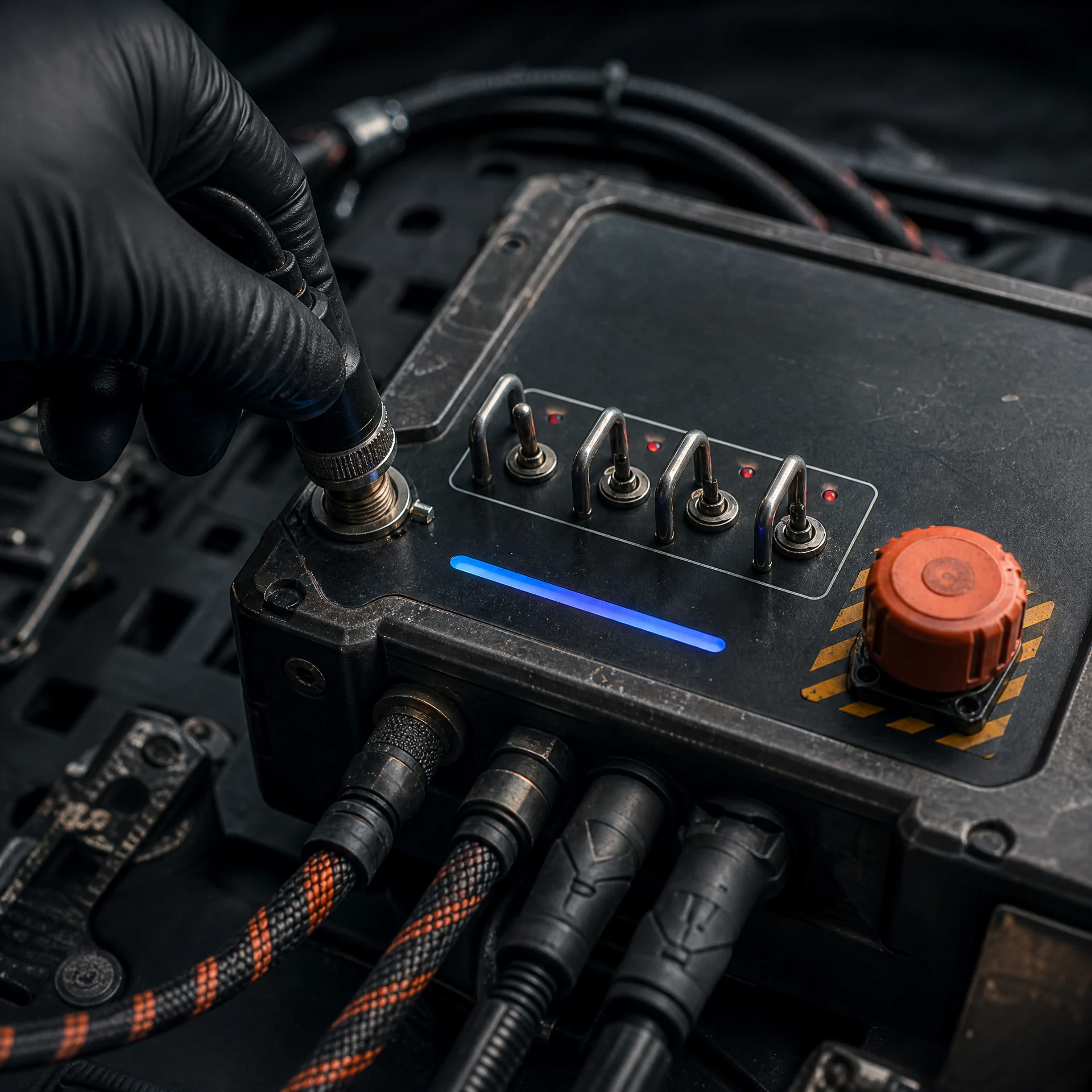 Gloved hand connecting a rugged fault injection device