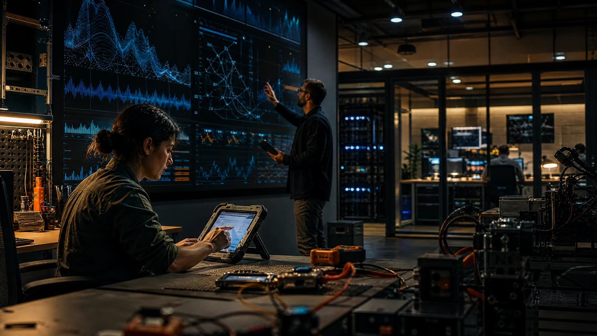 Two software engineers operating a night reliability studio