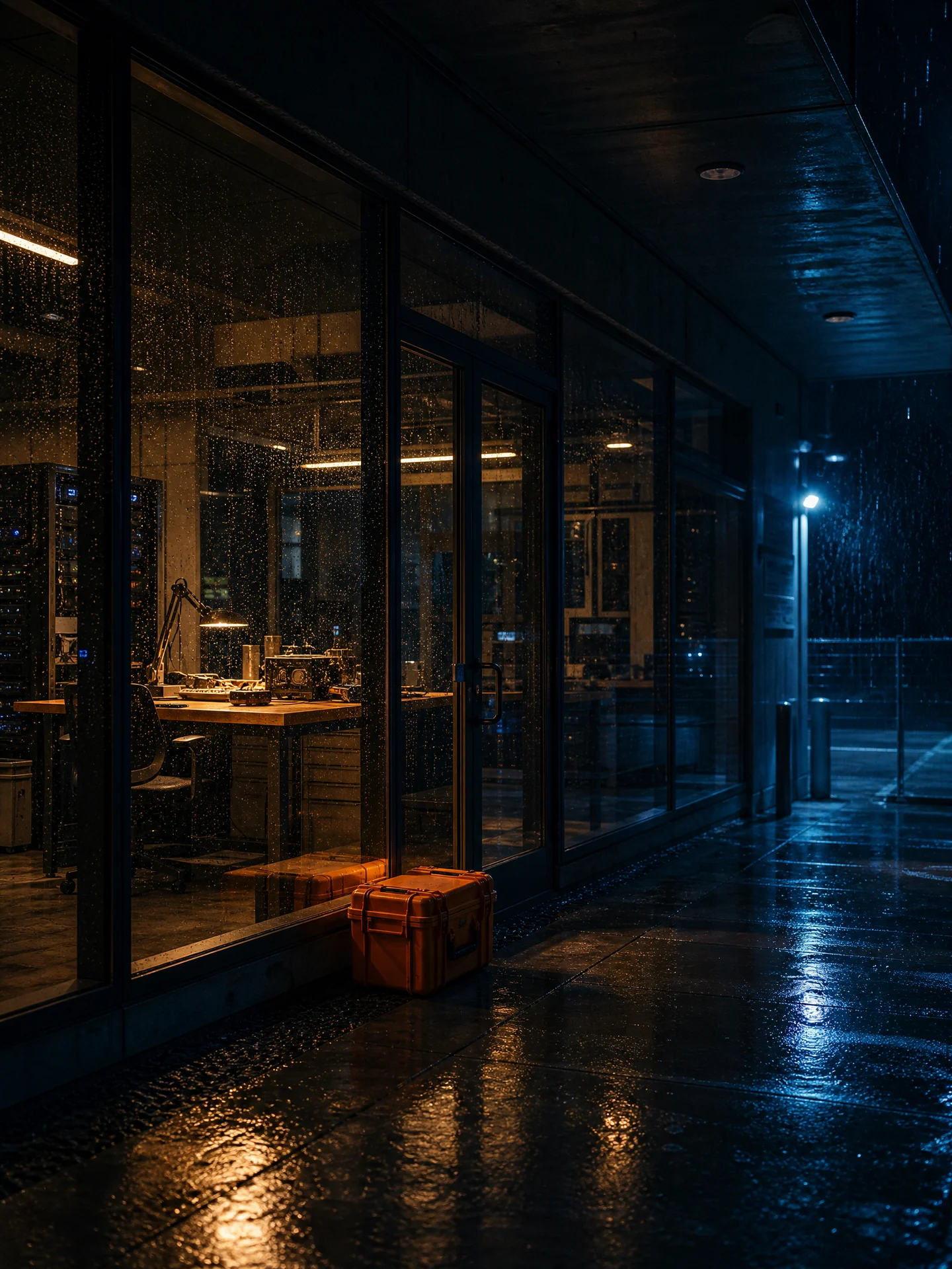 Rainy exterior corridor of a reliability studio at night