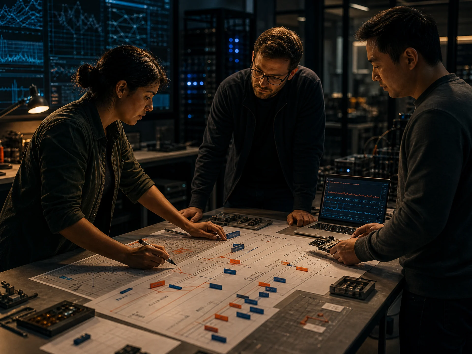 Three engineers conducting a collaborative pit review