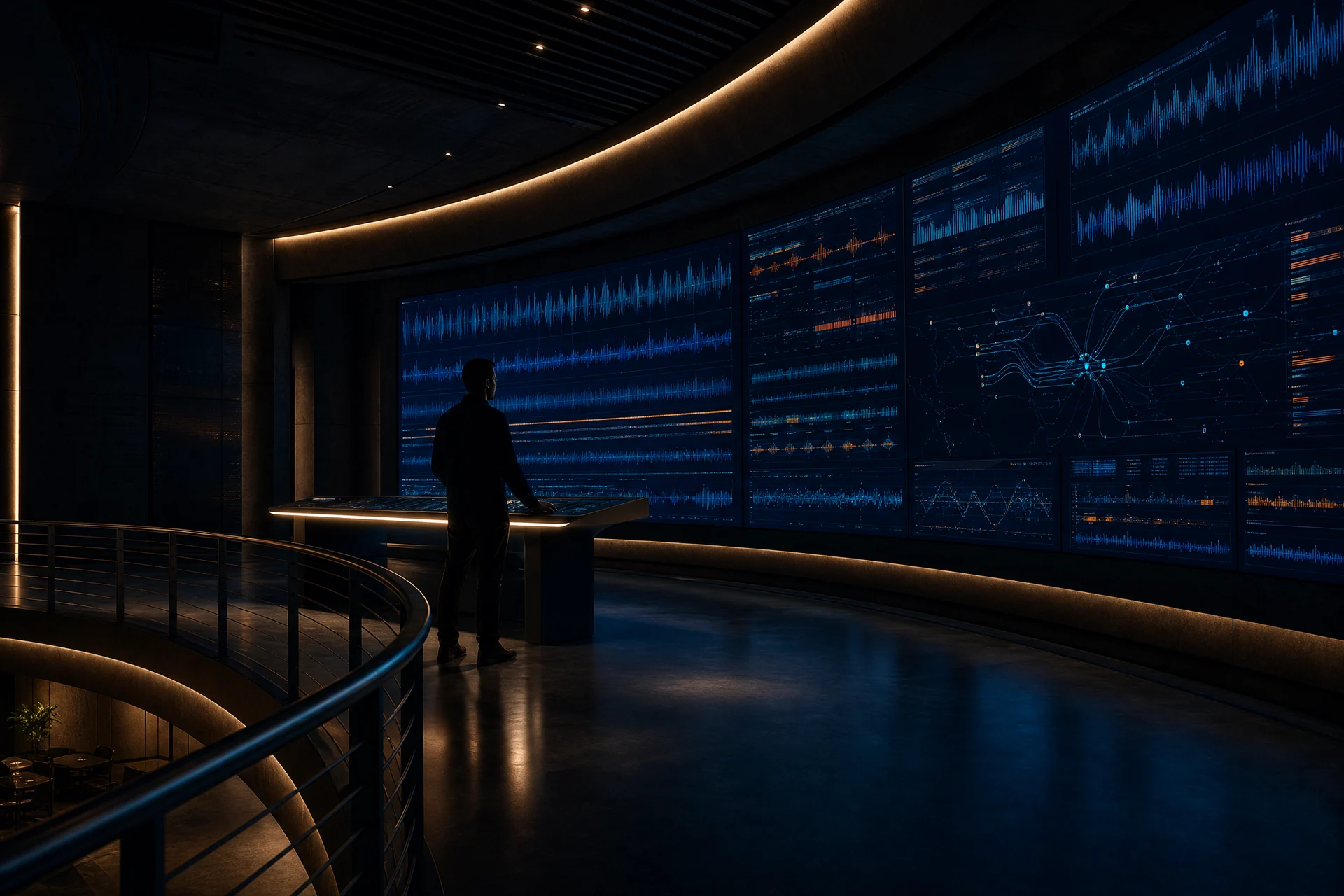 Engineer observing a curved telemetry wall